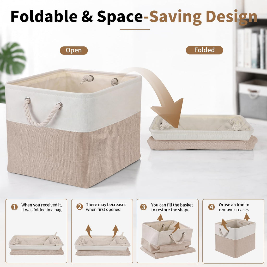 28 x 28 x 28 cm Cube Storage Boxes, 4 Pack Large Collapsible Fabric Storage Bin with Ropes, Foldable Storage Cubes for Home, Office,Closet, Clothes, Toys Organizer (White & Grey)