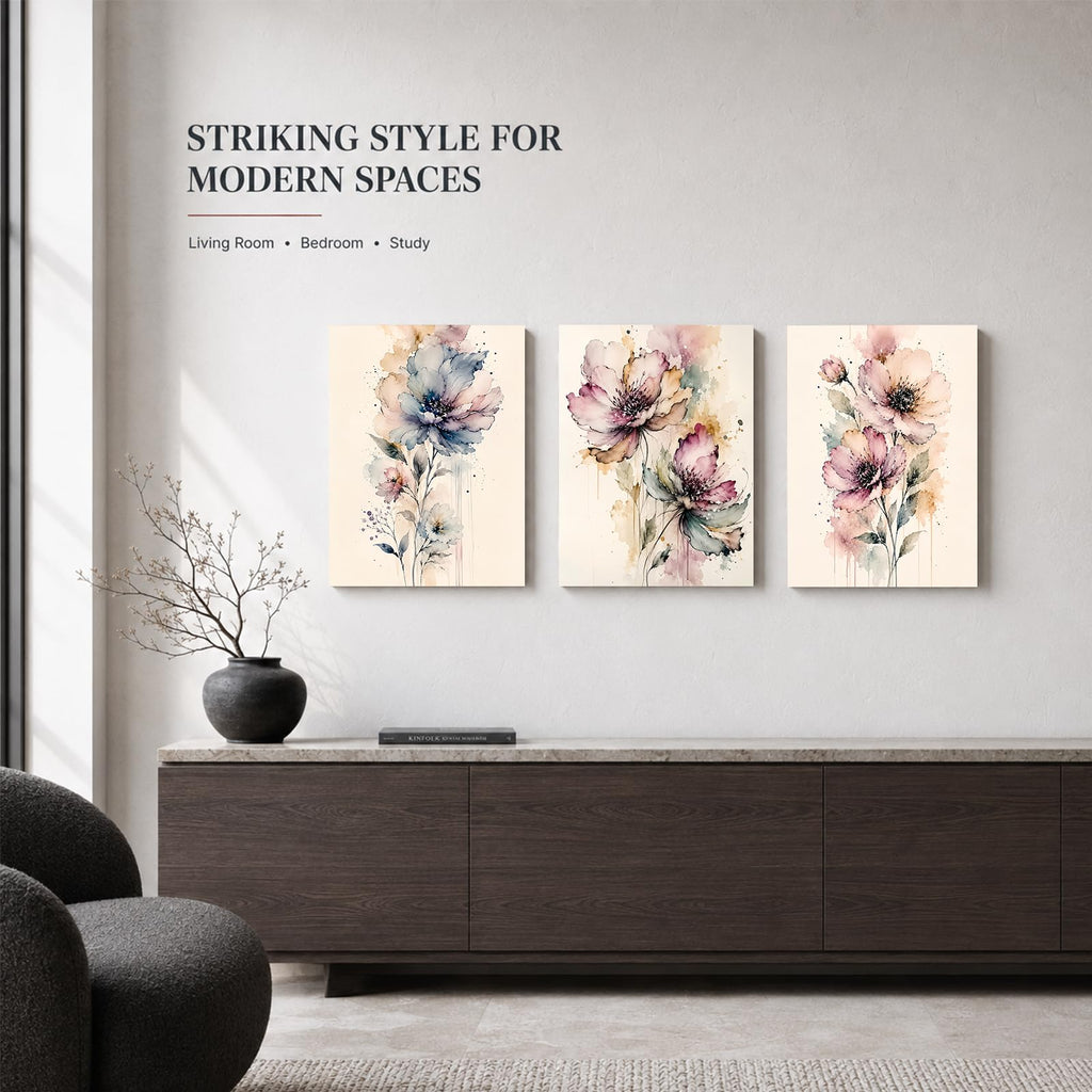 Soft Beige Floral Canvas Prints, Set of 3 Framed 12 x 16 Inch Wall Art