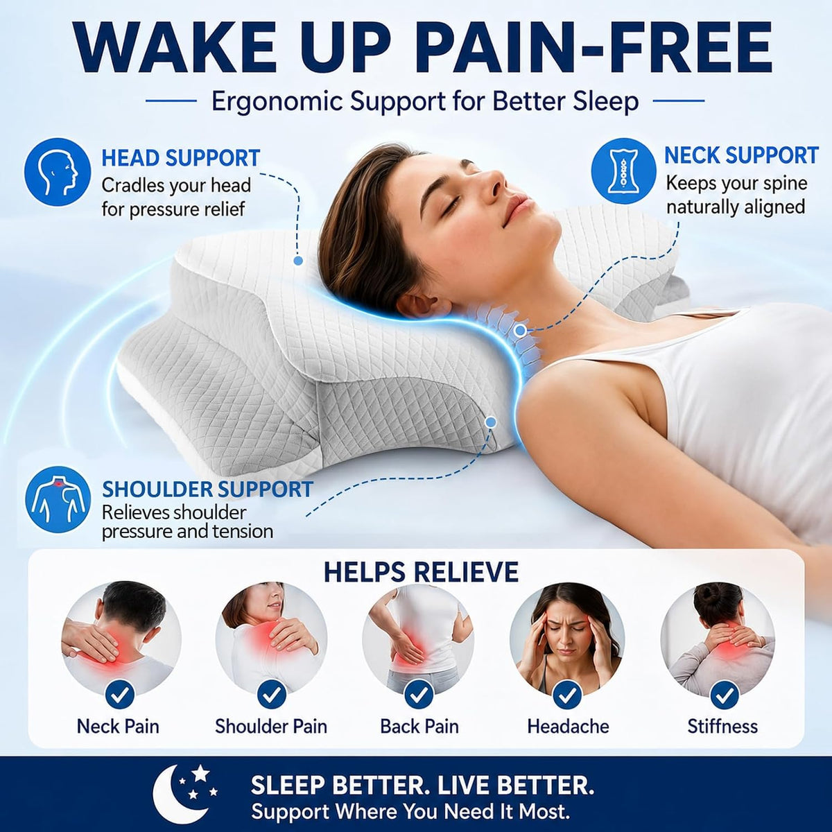 Hydomi Orthopaedic Cervical Pillow for Neck and Shoulder Pain Relief, Memory Foam Neck Support Pillow for Side, Back &Stomach Sleepers, Ergonomic Contour Bed Pillow with Armrest Design, Washable Cover