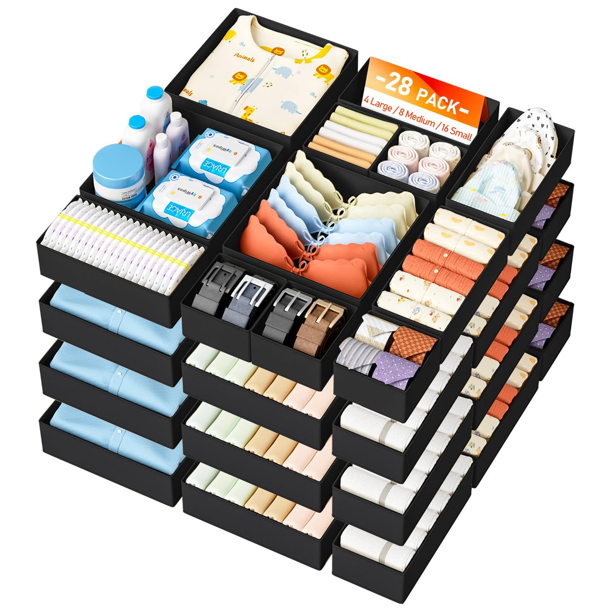 DIMJ 12 Pack Drawer Organisers Foldable Storage Box Fabric Drawer Dividers Wardrobe Storage Organiser Storage Cubes for Bras, Socks, Underwear, Ties, Scarves, Cosmetics