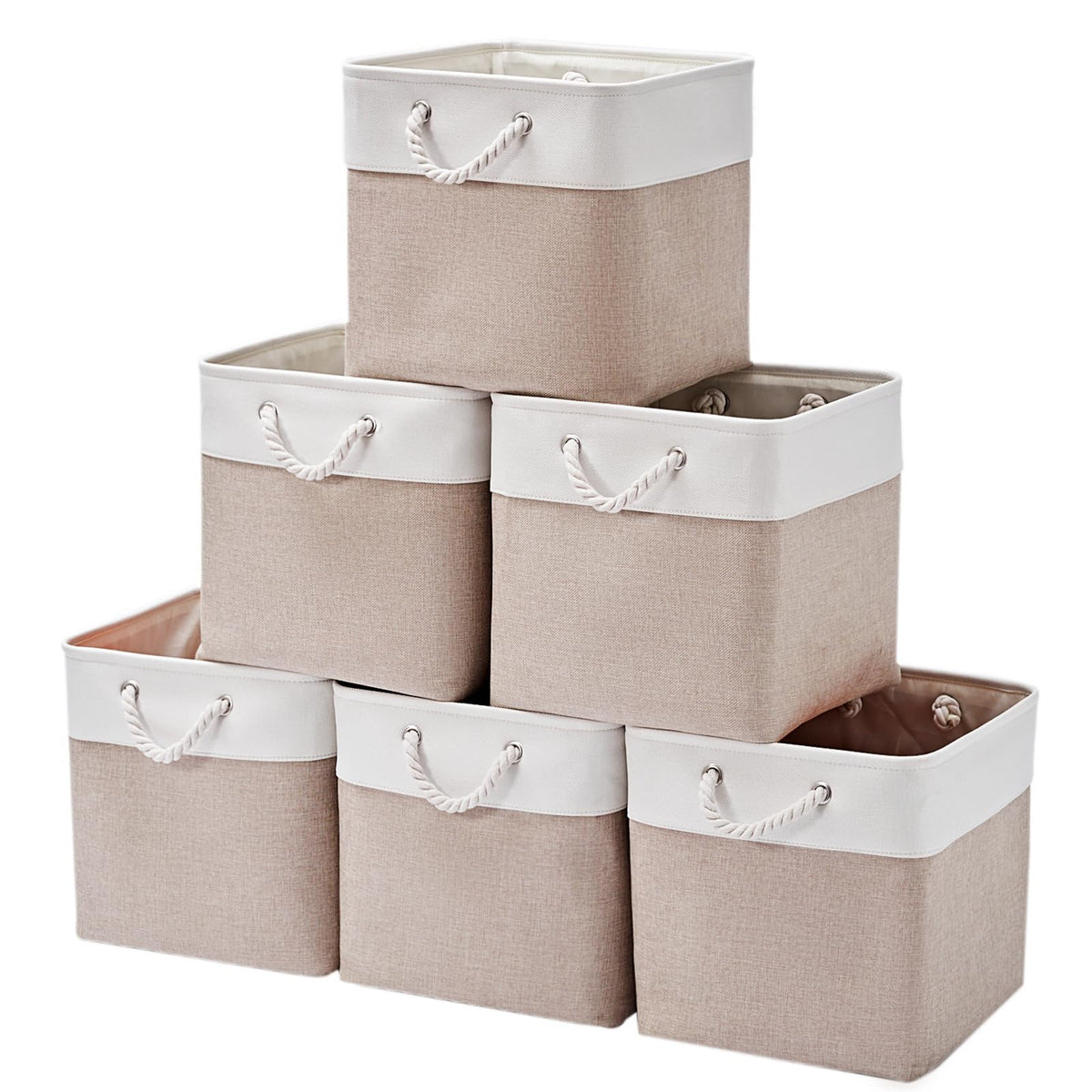 28 x 28 x 28 cm Cube Storage Boxes, 4 Pack Large Collapsible Fabric Storage Bin with Ropes, Foldable Storage Cubes for Home, Office,Closet, Clothes, Toys Organizer (White & Grey)