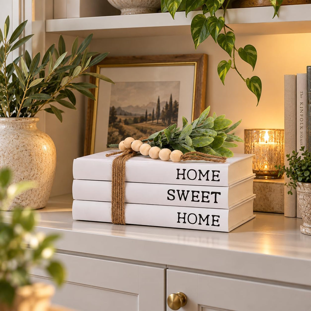 Decorative White Books, Hardcover Books Decorative, Set of 3 Stacked Book for Decorating Coffee Tables and Shelves (Home|Sweet|Home)