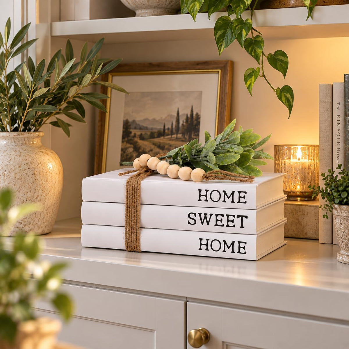 Decorative White Books, Hardcover Books Decorative, Set of 3 Stacked Book for Decorating Coffee Tables and Shelves (Home|Sweet|Home)