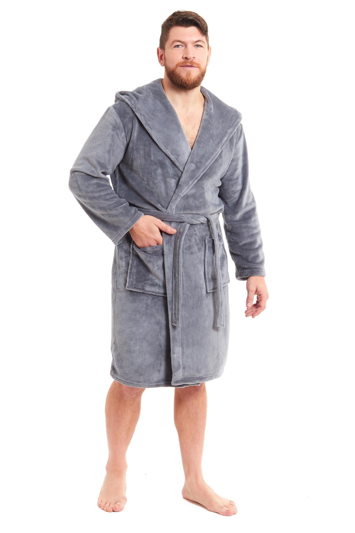 Mens Hooded  Dressing Gown Bath Robe Plain Flannel Fleece Robes Winter Gift