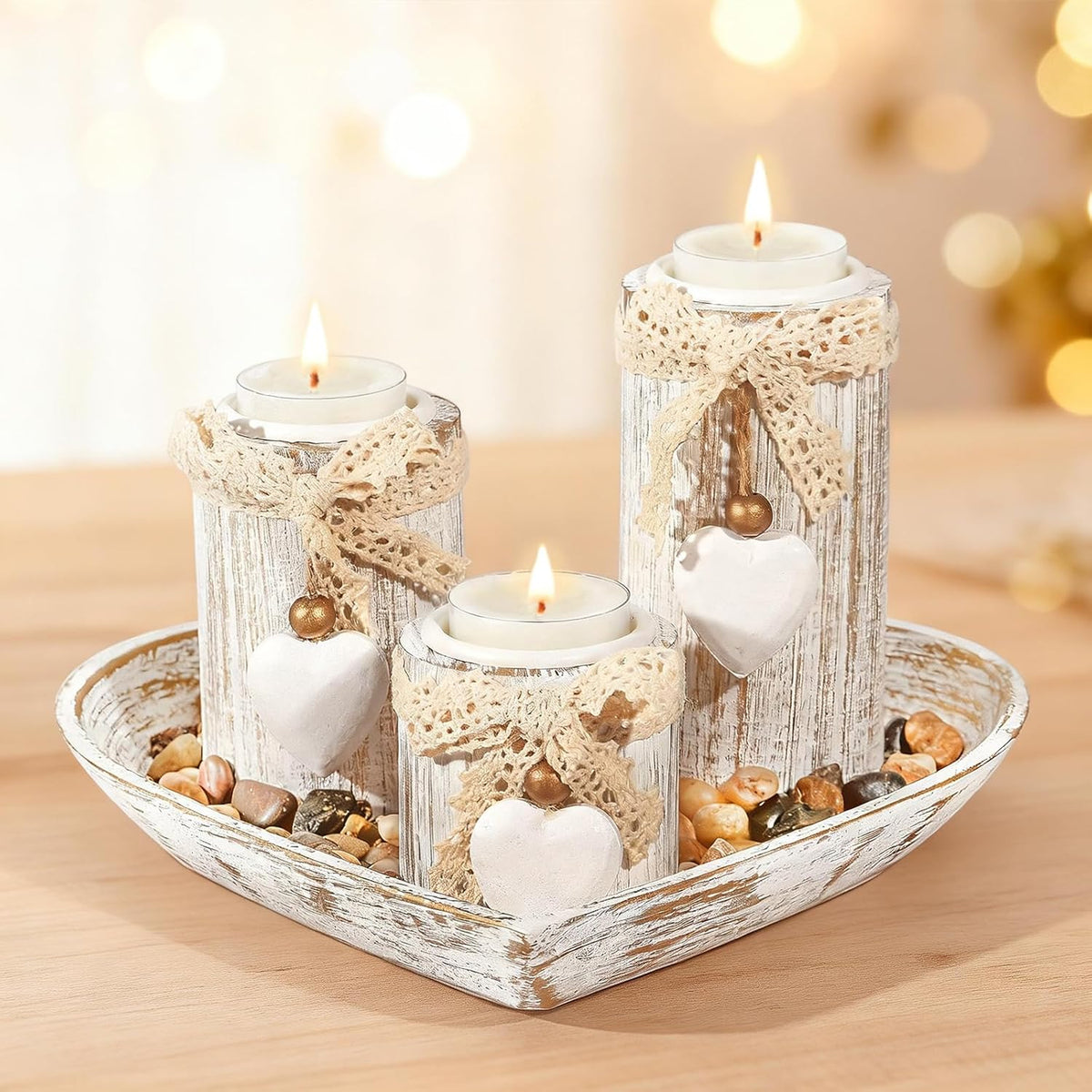 GoMaihe Candle Holder Set of 4 with Wodden Tray, Tealight Holders Candlestick Holder, Table Centerpiece Home Decor Living Room Bedroom Decoration Mum Gift Birthday Wedding Christmas Party Ornaments