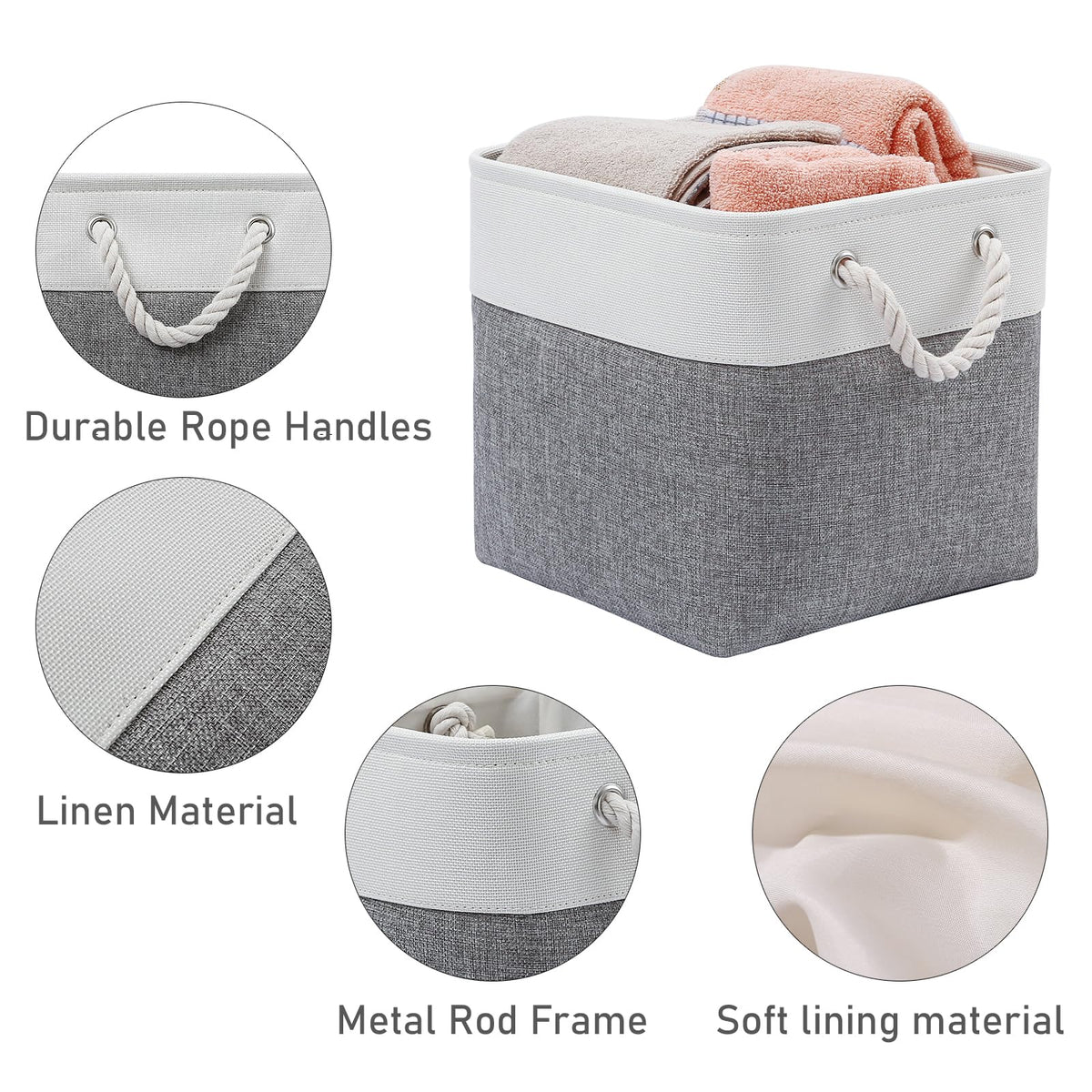28 x 28 x 28 cm Cube Storage Boxes, 4 Pack Large Collapsible Fabric Storage Bin with Ropes, Foldable Storage Cubes for Home, Office,Closet, Clothes, Toys Organizer (White & Grey)