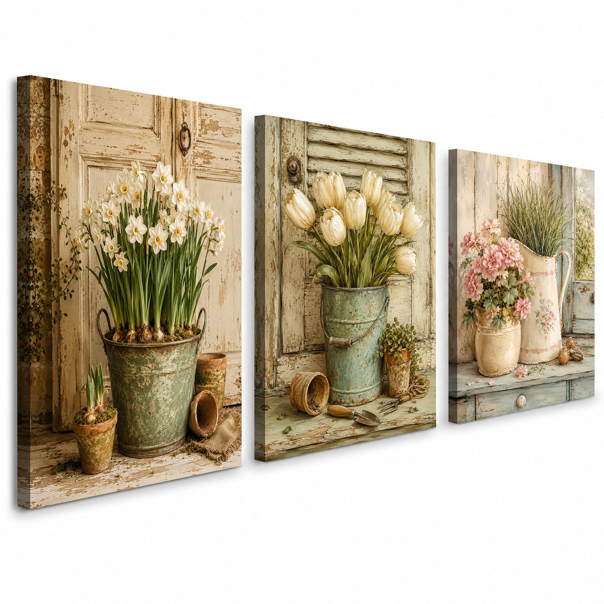 Soft Beige Floral Canvas Prints, Set of 3 Framed 12 x 16 Inch Wall Art