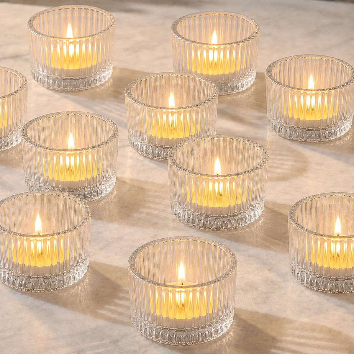 12 Pcs Amber Glass Votive Candle Holders, Small Tea Lights Candle Holder for Table Centerpiece Decor, Vintage Candle Holders for Wedding Decor Table Birthday Party Home (Amber)