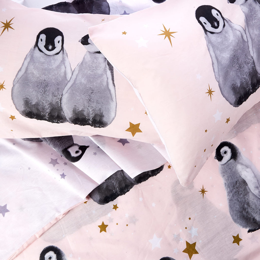 Rapport Home Starry Penguin Double Duvet Cover Set | Reversible Polycotton Bedding with 2 Pillowcases | Cute Pink Design for Kids, Teens & Adults (200x200cm)