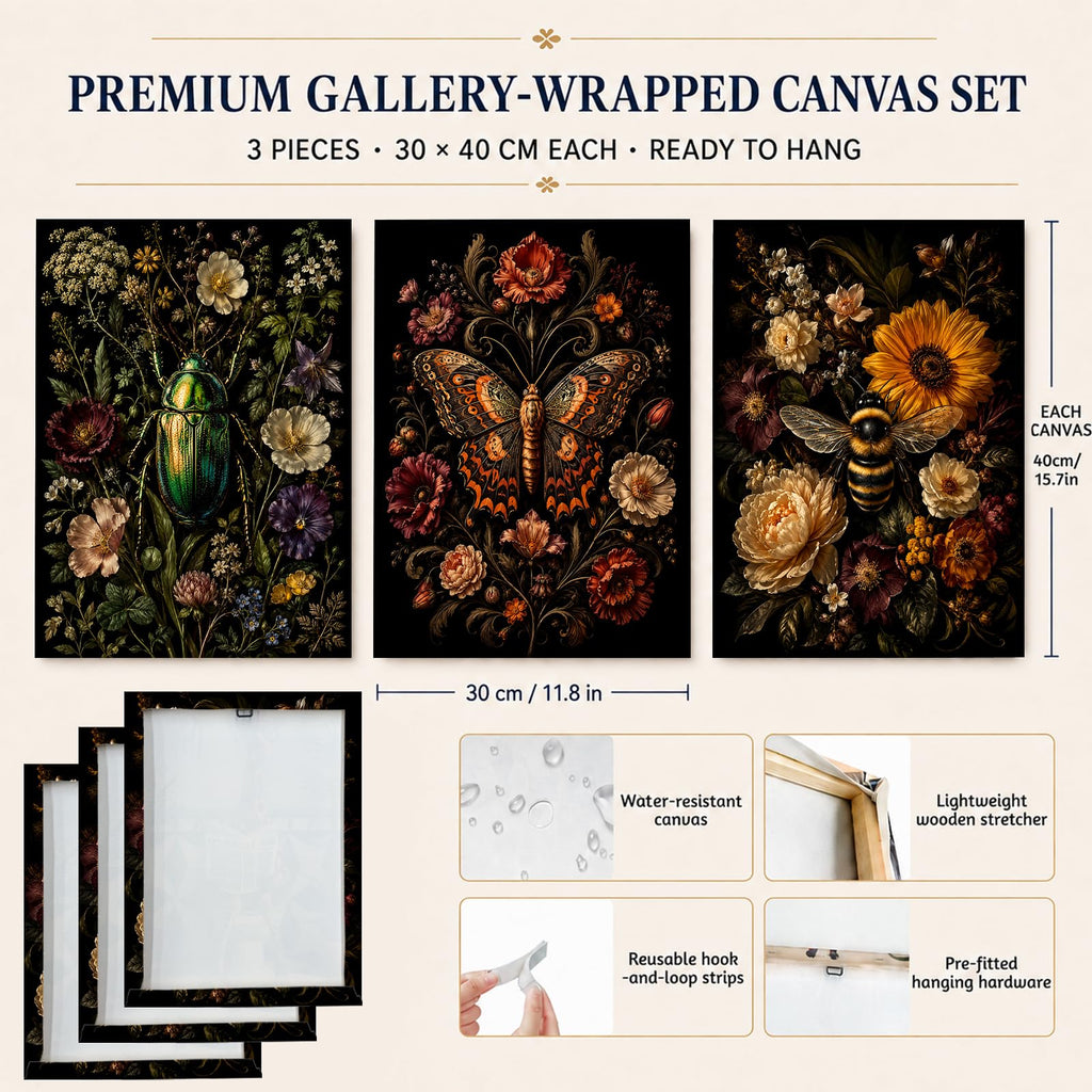 Soft Beige Floral Canvas Prints, Set of 3 Framed 12 x 16 Inch Wall Art