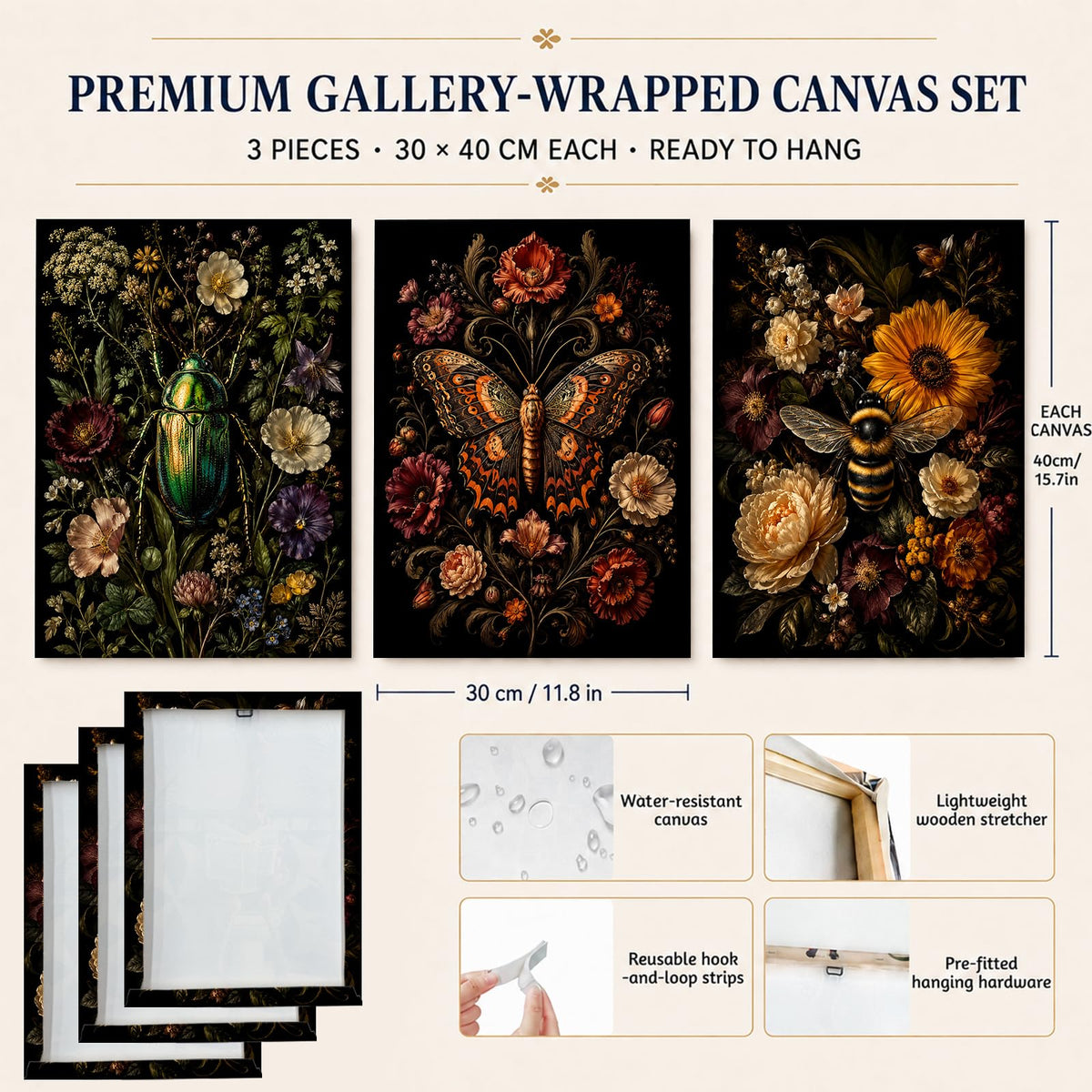 Soft Beige Floral Canvas Prints, Set of 3 Framed 12 x 16 Inch Wall Art