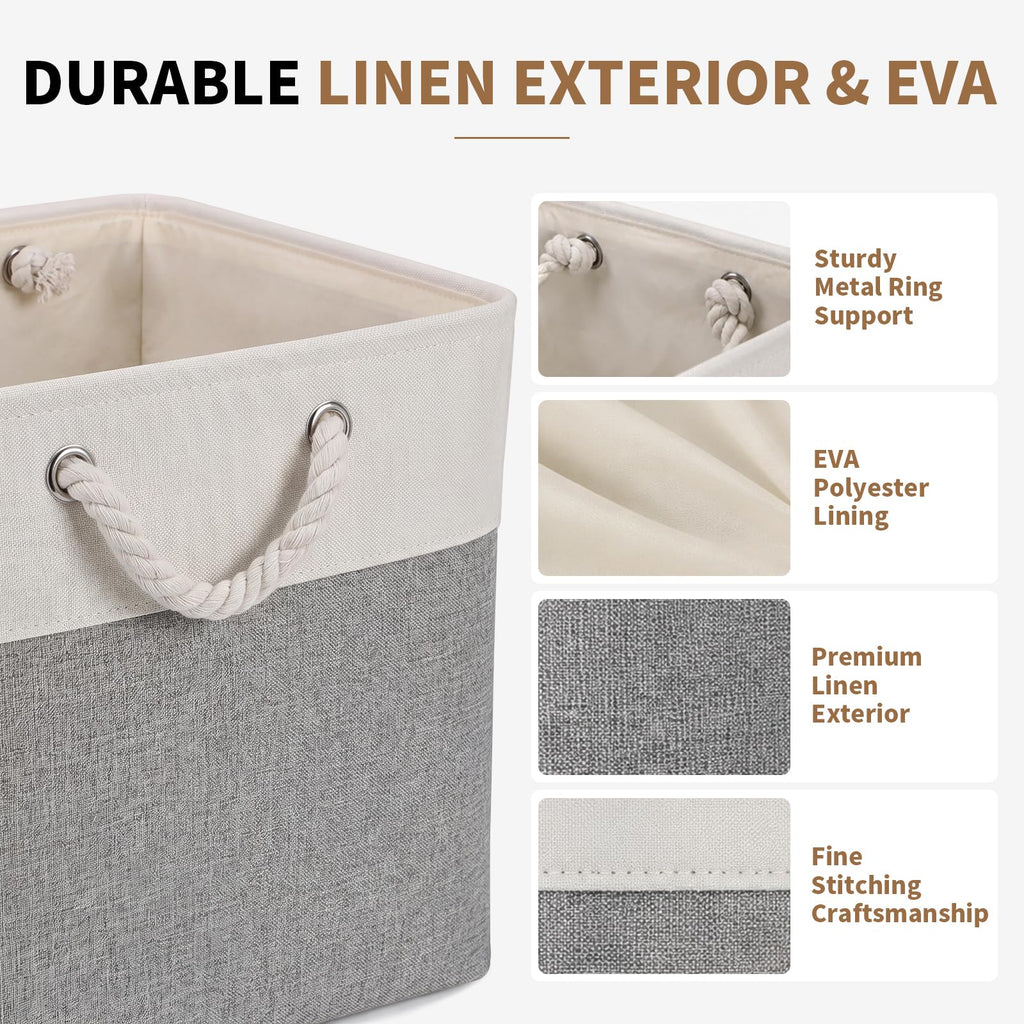 28 x 28 x 28 cm Cube Storage Boxes, 4 Pack Large Collapsible Fabric Storage Bin with Ropes, Foldable Storage Cubes for Home, Office,Closet, Clothes, Toys Organizer (White & Grey)