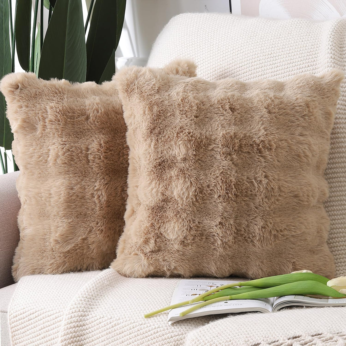 Madizz Pack of 2 Thick Plush Faux Wool Cushion Covers 45x45 cm Cream Soft Neutral Decorative Throw Pillow Covers Accent Boho Pillowcases for Couch Sofa Bedroom Pillow Shell