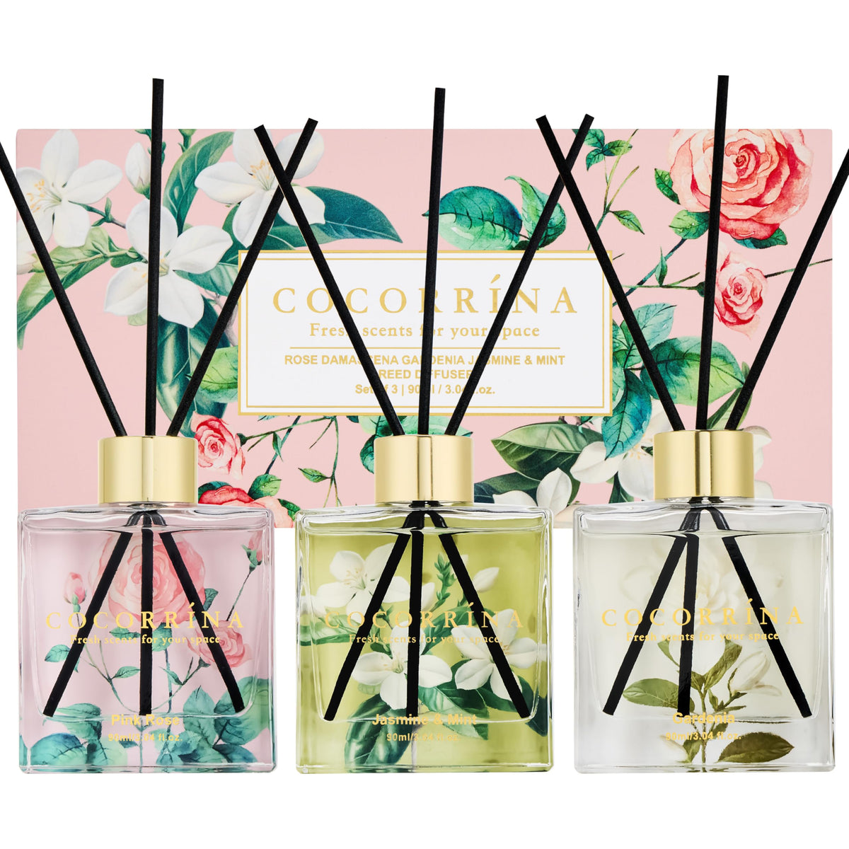COCORRÍNA Reed Diffuser - 3 Pack/ 90ml with 24 Sticks Reed Diffuser for for House Bedroom Office Decor & Gifts Set (Cashmere Vanilla/Sandalwood Rose/Clean Linen)