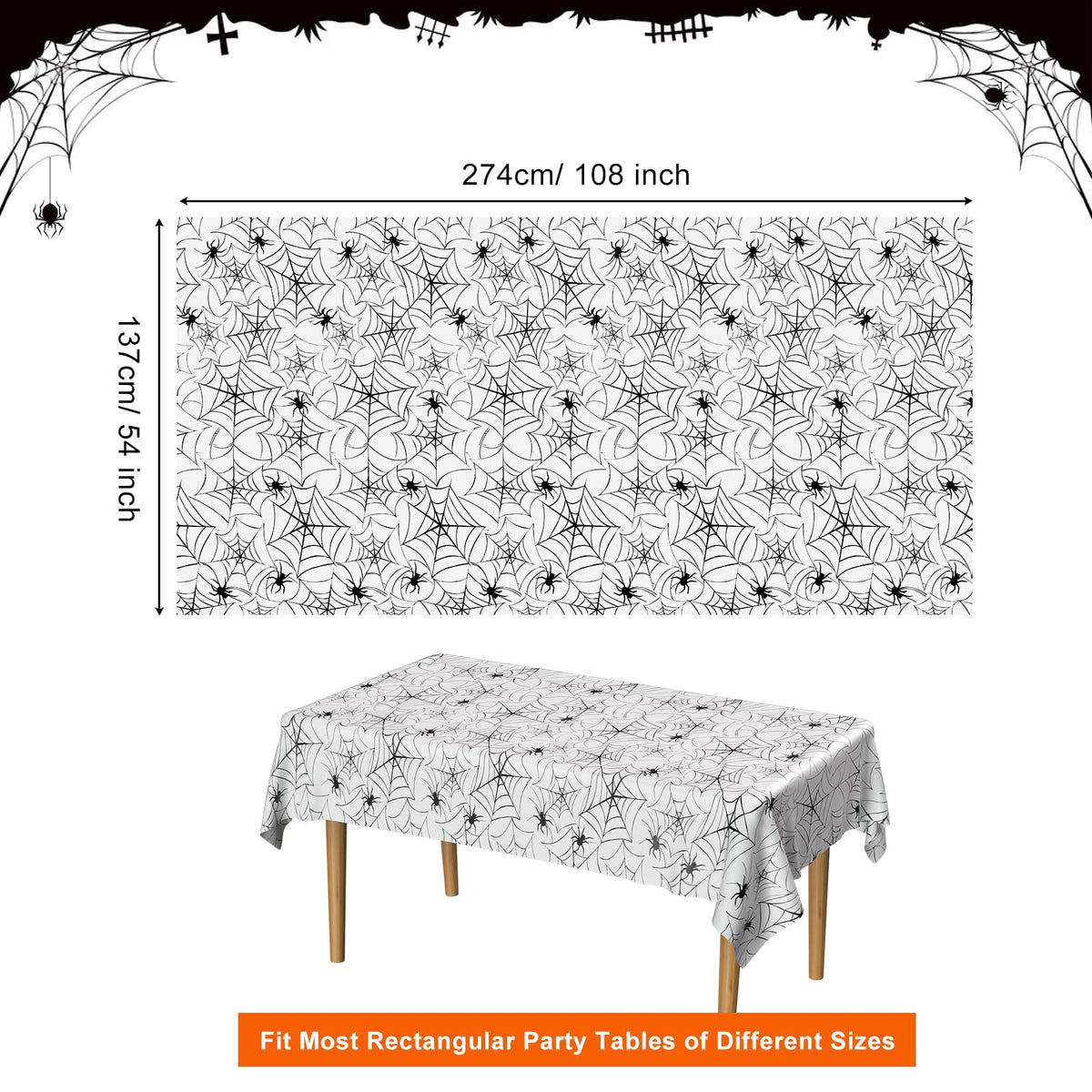 PLULON Halloween Tablecloth 137x 274cm Pumpkin Bat Skeleton Skull Plastic Table Cloth Happy Halloween Table Cover for Holiday Dinner Table Decorations Halloween Party Supplies