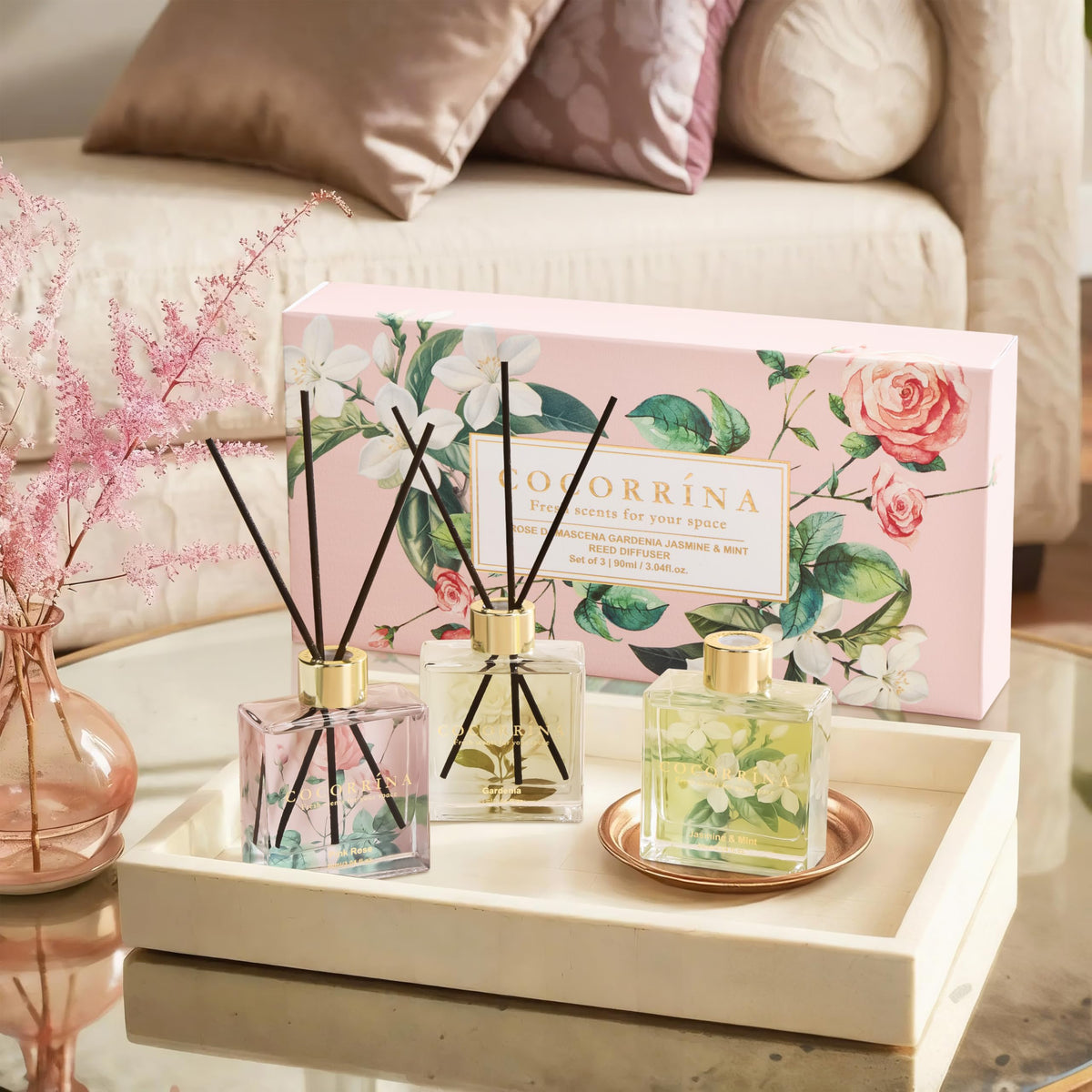 COCORRÍNA Reed Diffuser - 3 Pack/ 90ml with 24 Sticks Reed Diffuser for for House Bedroom Office Decor & Gifts Set (Cashmere Vanilla/Sandalwood Rose/Clean Linen)