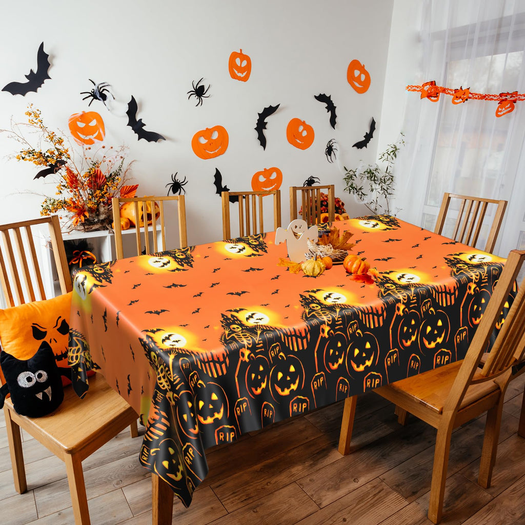 PLULON Halloween Tablecloth 137x 274cm Pumpkin Bat Skeleton Skull Plastic Table Cloth Happy Halloween Table Cover for Holiday Dinner Table Decorations Halloween Party Supplies