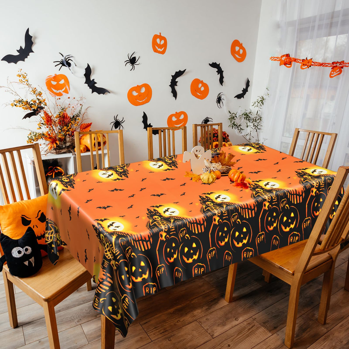PLULON Halloween Tablecloth 137x 274cm Pumpkin Bat Skeleton Skull Plastic Table Cloth Happy Halloween Table Cover for Holiday Dinner Table Decorations Halloween Party Supplies