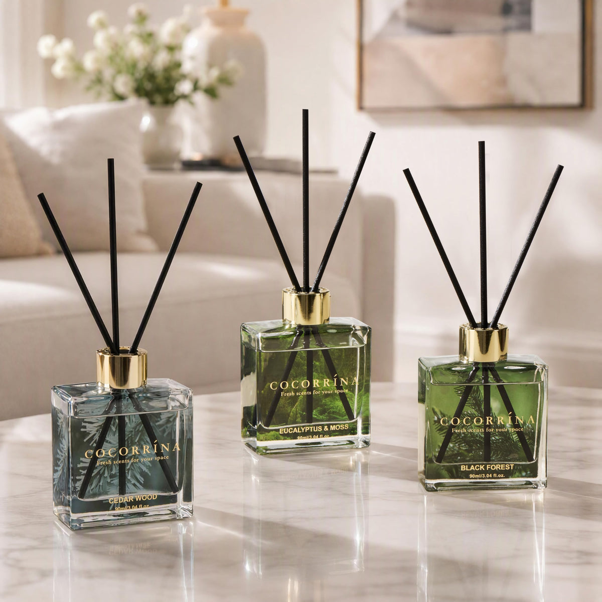 COCORRÍNA Reed Diffuser - 3 Pack/ 90ml with 24 Sticks Reed Diffuser for for House Bedroom Office Decor & Gifts Set (Cashmere Vanilla/Sandalwood Rose/Clean Linen)