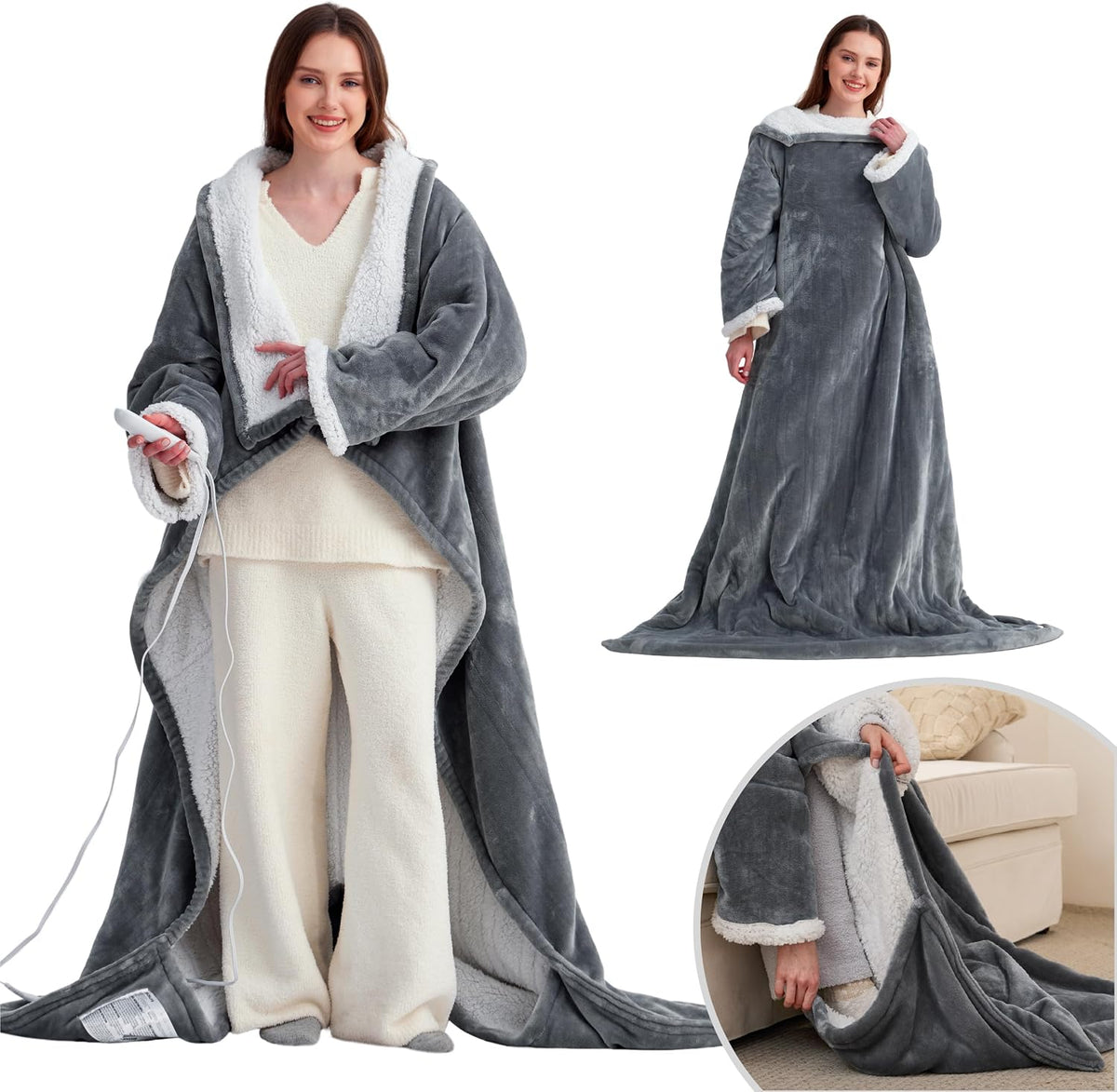 Bedsure Fleece Wearable Heated Blanket - Electric Throw, 127 x 180 cm, Grey