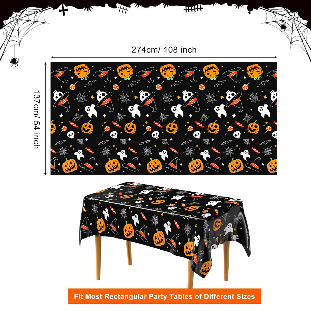 PLULON Halloween Tablecloth 137x 274cm Pumpkin Bat Skeleton Skull Plastic Table Cloth Happy Halloween Table Cover for Holiday Dinner Table Decorations Halloween Party Supplies