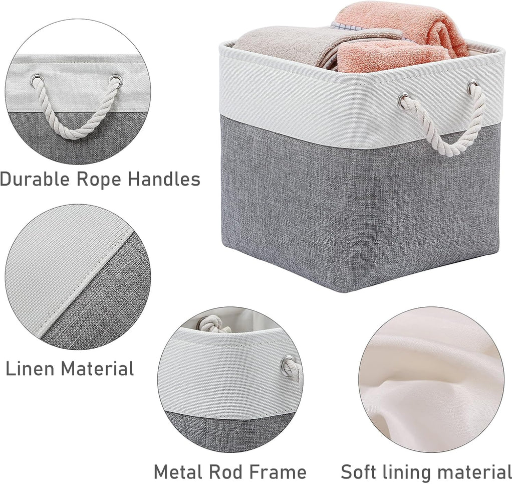 28 x 28 x 28 cm Cube Storage Boxes, 4 Pack Large Collapsible Fabric Storage Bin with Ropes, Foldable Storage Cubes for Home, Office,Closet, Clothes, Toys Organizer (White & Grey)