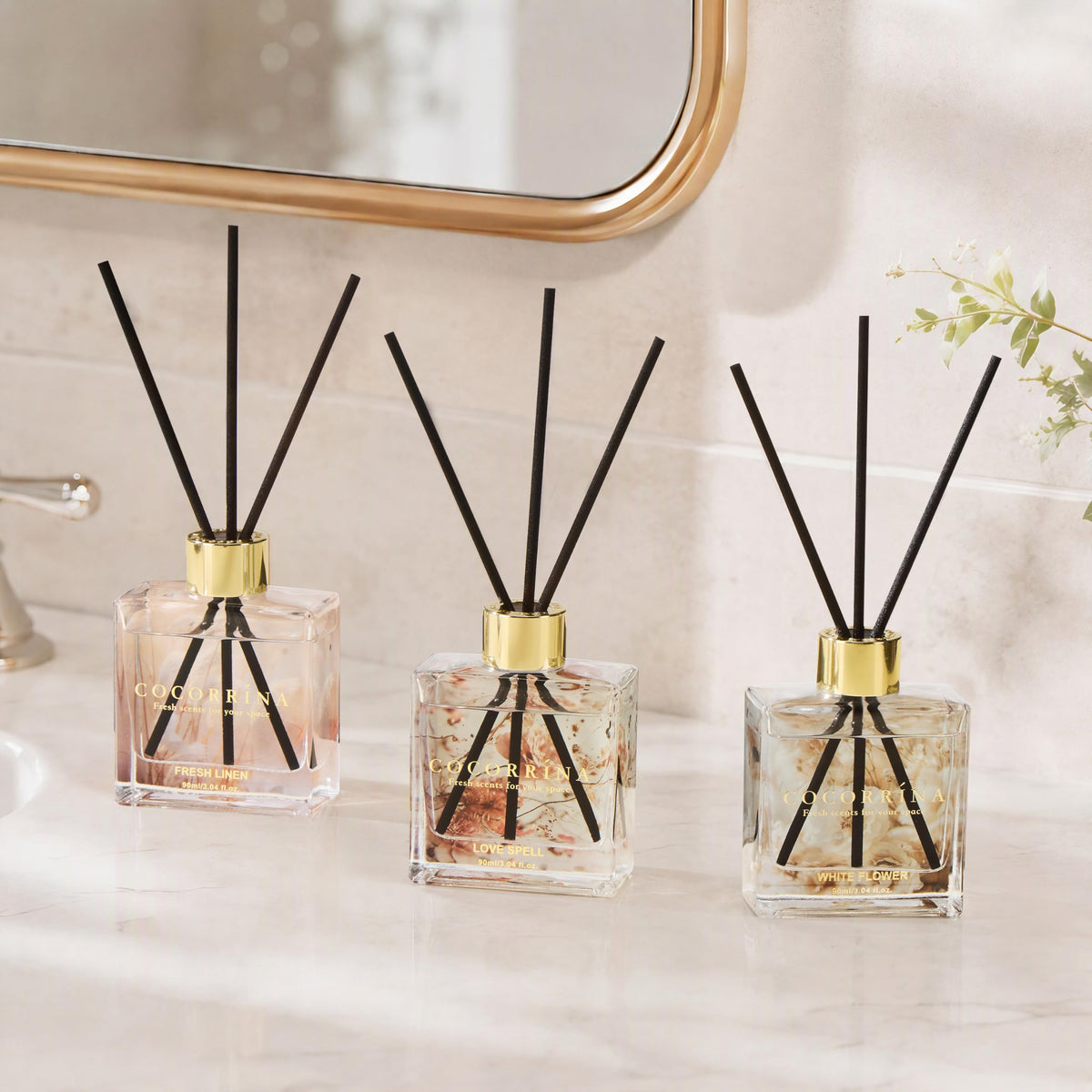 COCORRÍNA Reed Diffuser - 3 Pack/ 90ml with 24 Sticks Reed Diffuser for for House Bedroom Office Decor & Gifts Set (Cashmere Vanilla/Sandalwood Rose/Clean Linen)