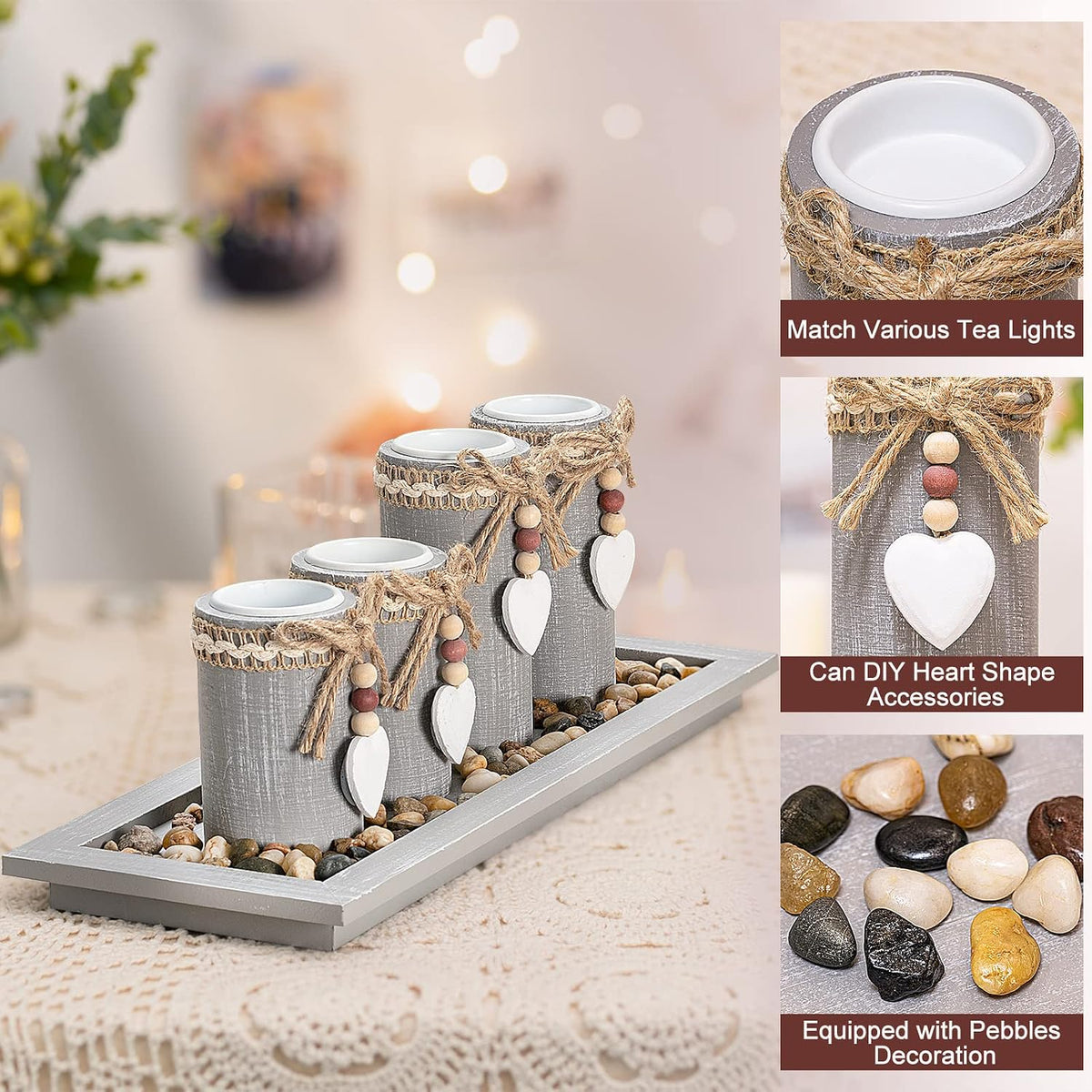 GoMaihe Candle Holder Set of 4 with Wodden Tray, Tealight Holders Candlestick Holder, Table Centerpiece Home Decor Living Room Bedroom Decoration Mum Gift Birthday Wedding Christmas Party Ornaments