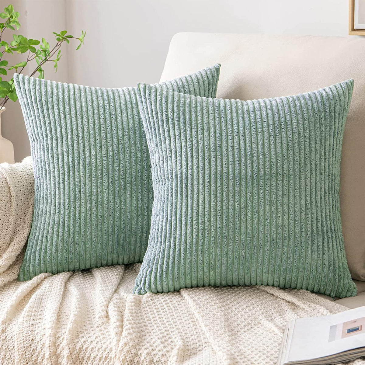 Set of 2 Corduroy Cushion Covers 40cm x 40cm,Soft Striped Square Pillow Case,Cushion Case with Invisible Zipper,Home Boho Decor Pillow Cases for Couch Sofa Bedroom,Living Room-Sage Green
