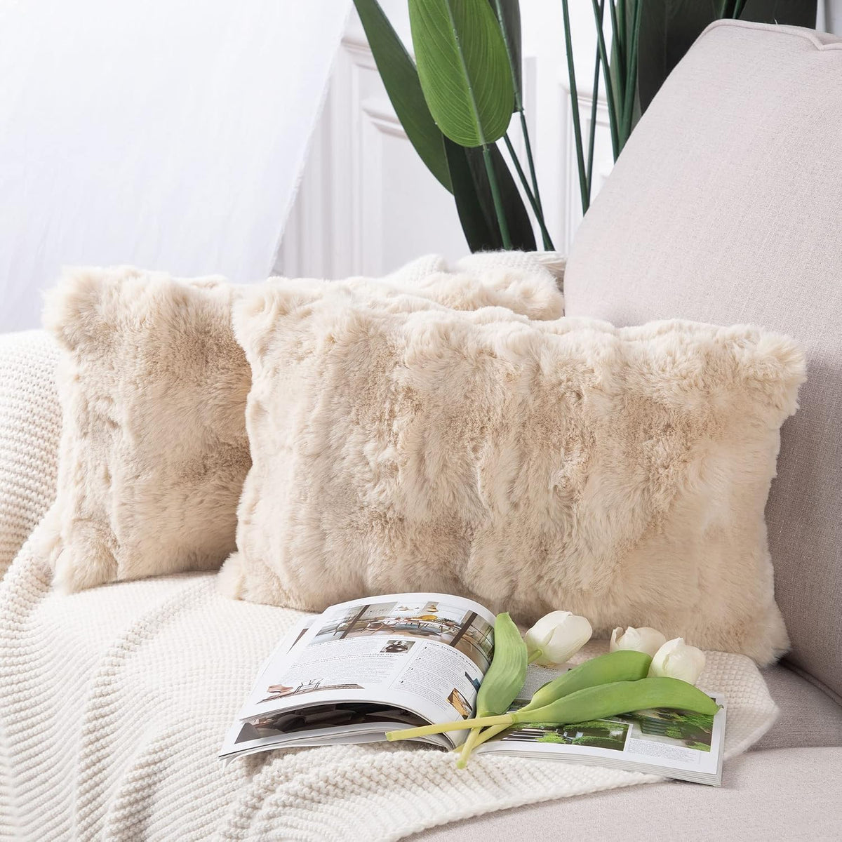 Madizz Pack of 2 Thick Plush Faux Wool Cushion Covers 45x45 cm Cream Soft Neutral Decorative Throw Pillow Covers Accent Boho Pillowcases for Couch Sofa Bedroom Pillow Shell