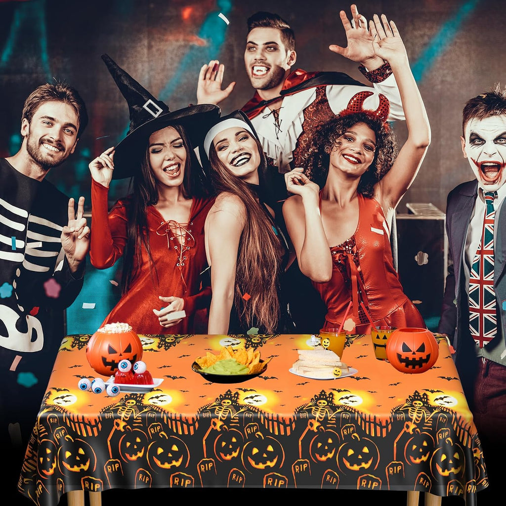 PLULON Halloween Tablecloth 137x 274cm Pumpkin Bat Skeleton Skull Plastic Table Cloth Happy Halloween Table Cover for Holiday Dinner Table Decorations Halloween Party Supplies