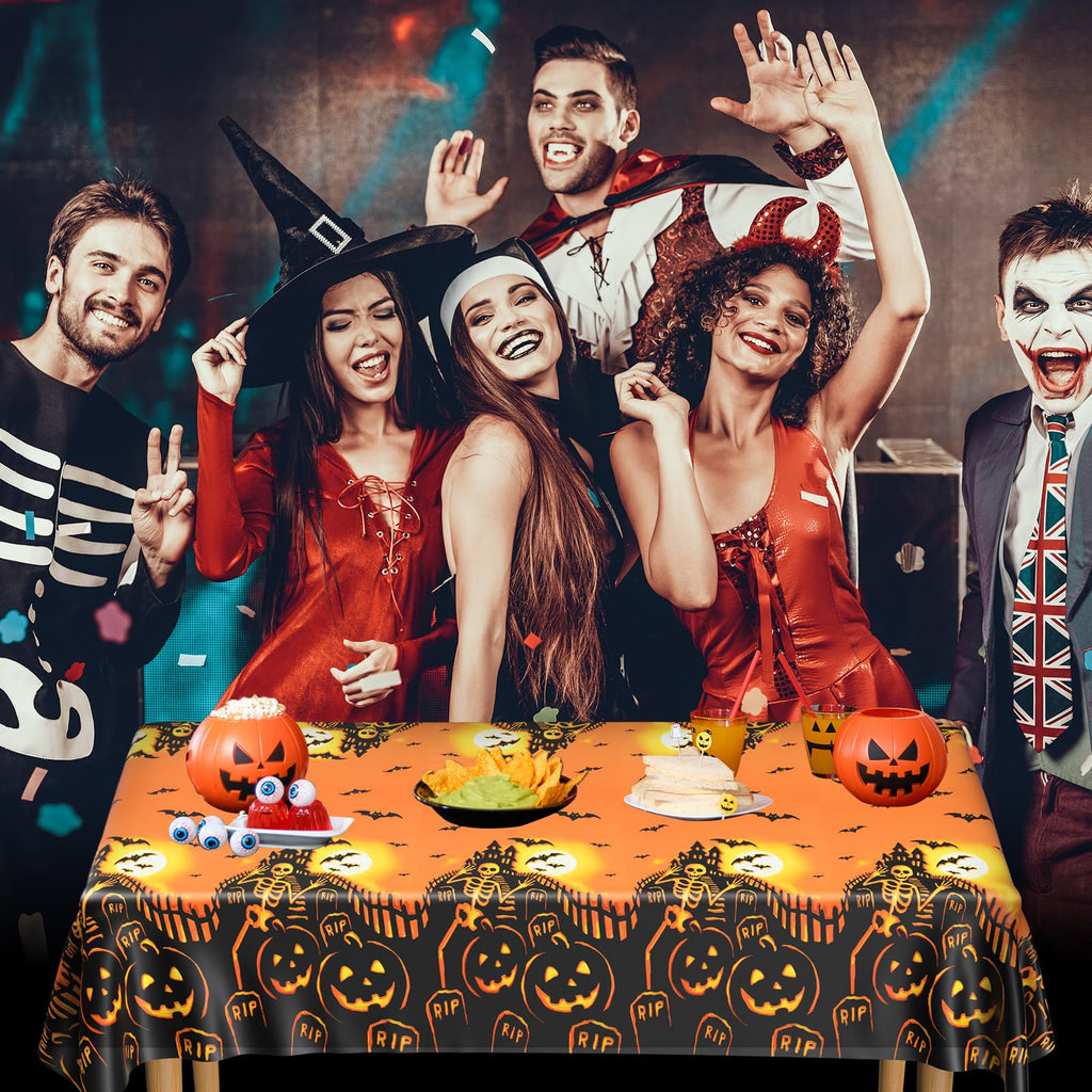PLULON Halloween Tablecloth 137x 274cm Pumpkin Bat Skeleton Skull Plastic Table Cloth Happy Halloween Table Cover for Holiday Dinner Table Decorations Halloween Party Supplies
