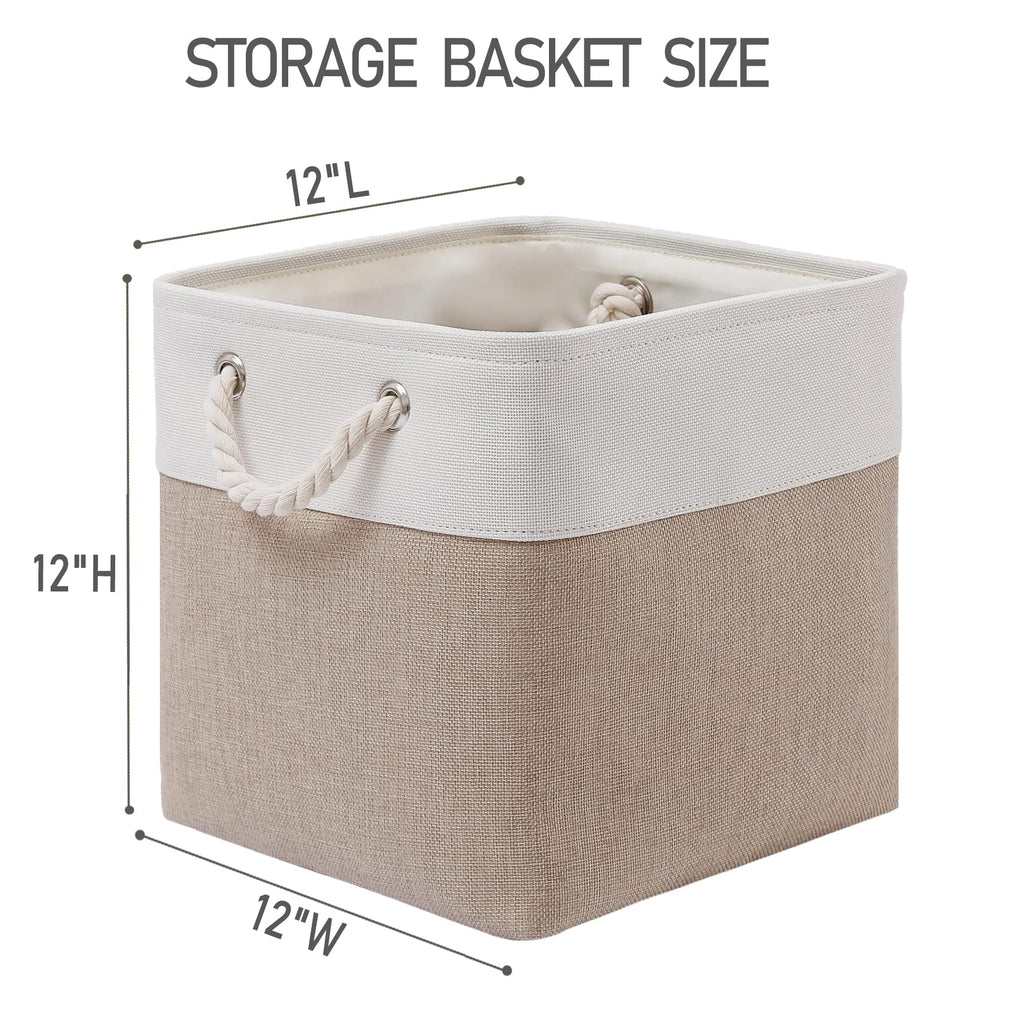 28 x 28 x 28 cm Cube Storage Boxes, 4 Pack Large Collapsible Fabric Storage Bin with Ropes, Foldable Storage Cubes for Home, Office,Closet, Clothes, Toys Organizer (White & Grey)