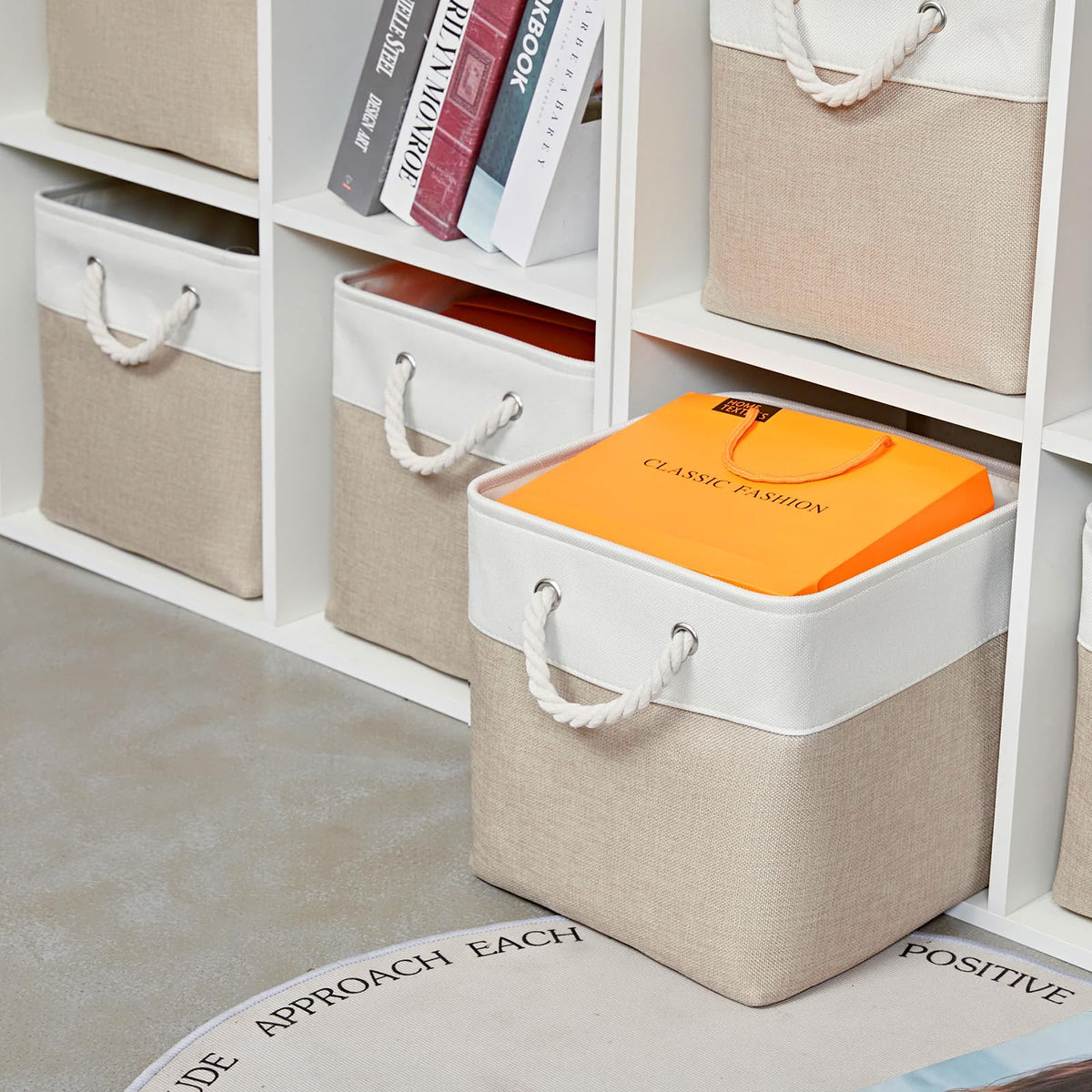 28 x 28 x 28 cm Cube Storage Boxes, 4 Pack Large Collapsible Fabric Storage Bin with Ropes, Foldable Storage Cubes for Home, Office,Closet, Clothes, Toys Organizer (White & Grey)