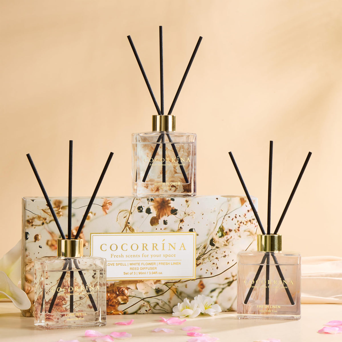 COCORRÍNA Reed Diffuser - 3 Pack/ 90ml with 24 Sticks Reed Diffuser for for House Bedroom Office Decor & Gifts Set (Cashmere Vanilla/Sandalwood Rose/Clean Linen)