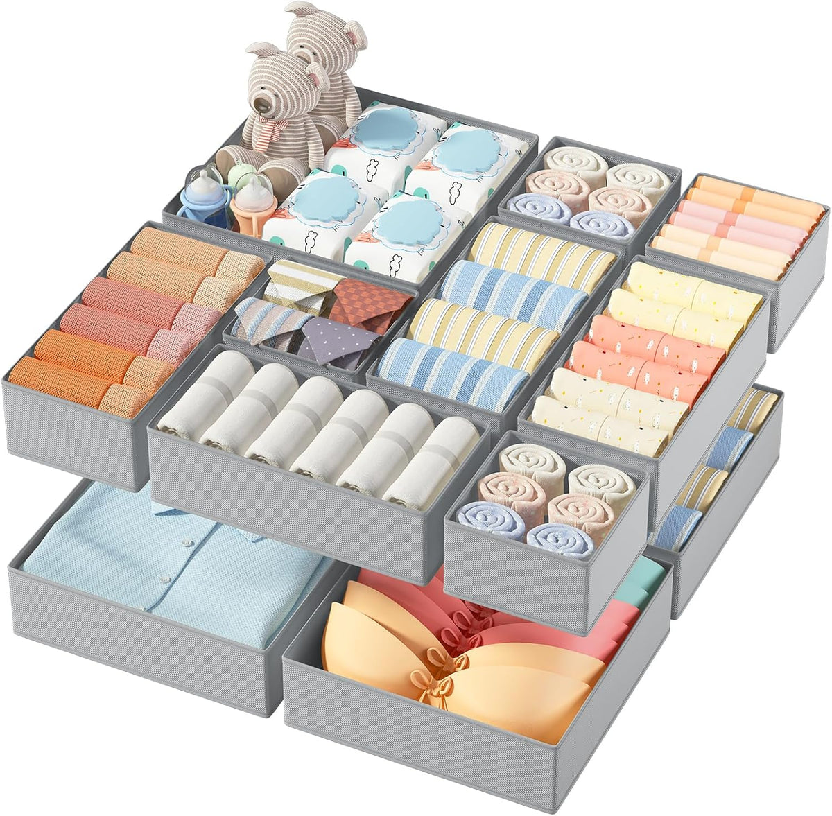 DIMJ 12 Pack Drawer Organisers Foldable Storage Box Fabric Drawer Dividers Wardrobe Storage Organiser Storage Cubes for Bras, Socks, Underwear, Ties, Scarves, Cosmetics