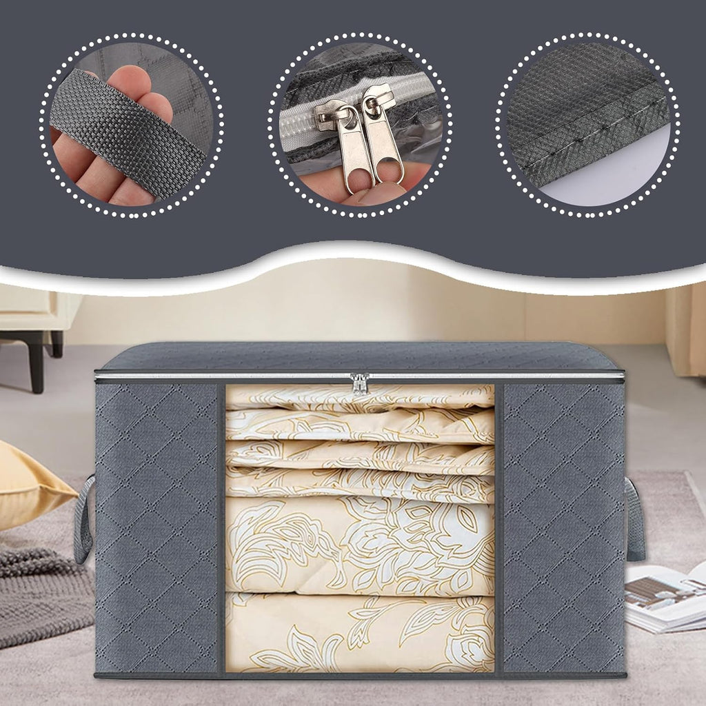 ASelected 3 Pack Clothes Storage Bag, 60L Underbed Storage Boxes with Lids, Foldable Moving Boxes with Clear Window Storage for Clothes Duvets Blankets Bedding
