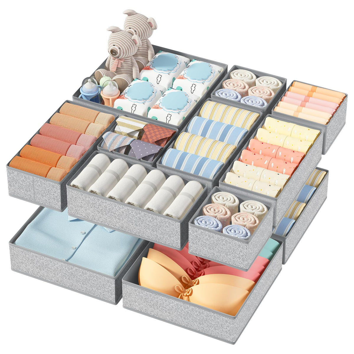 DIMJ 12 Pack Drawer Organisers Foldable Storage Box Fabric Drawer Dividers Wardrobe Storage Organiser Storage Cubes for Bras, Socks, Underwear, Ties, Scarves, Cosmetics