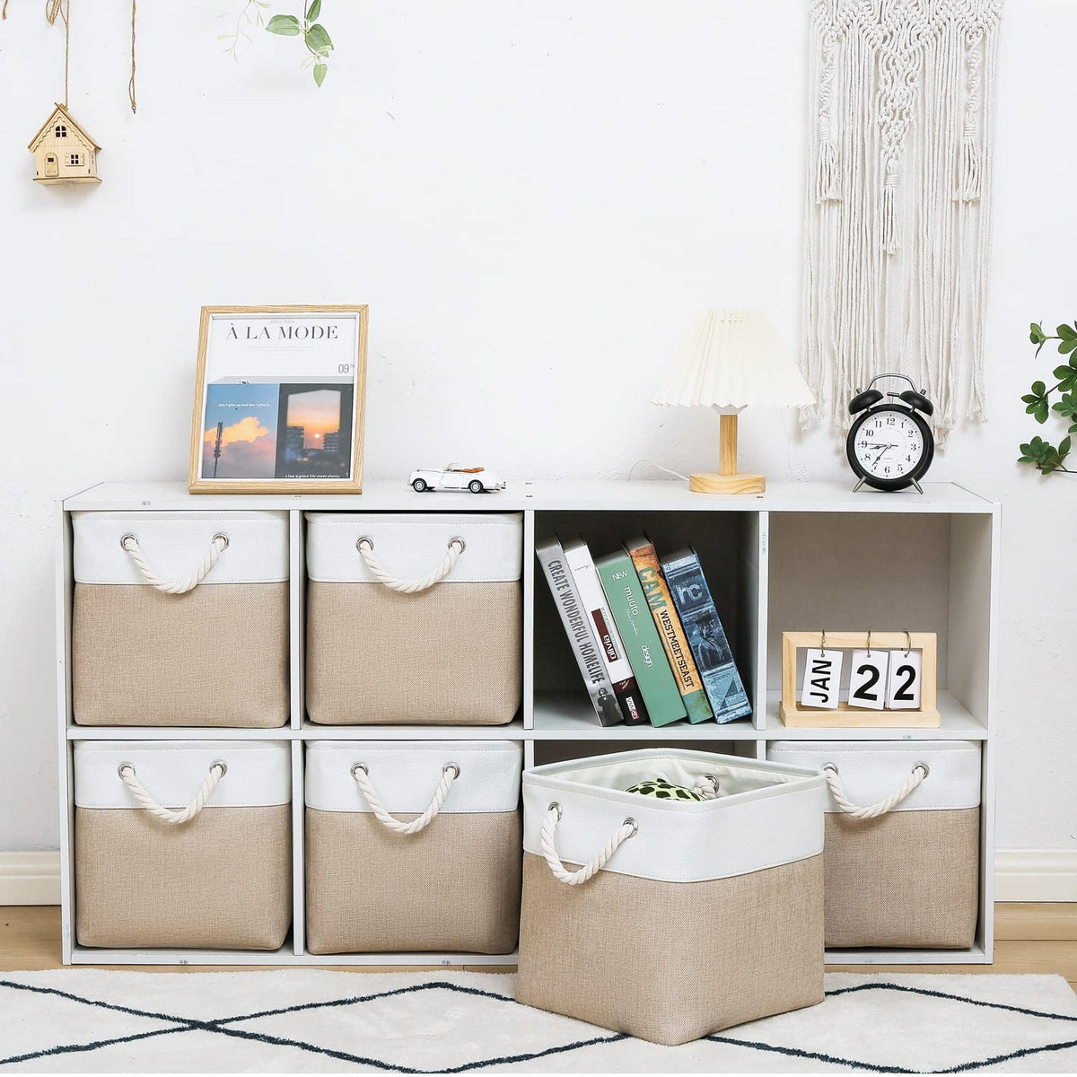 28 x 28 x 28 cm Cube Storage Boxes, 4 Pack Large Collapsible Fabric Storage Bin with Ropes, Foldable Storage Cubes for Home, Office,Closet, Clothes, Toys Organizer (White & Grey)