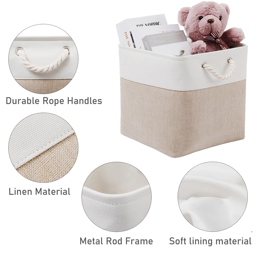 28 x 28 x 28 cm Cube Storage Boxes, 4 Pack Large Collapsible Fabric Storage Bin with Ropes, Foldable Storage Cubes for Home, Office,Closet, Clothes, Toys Organizer (White & Grey)
