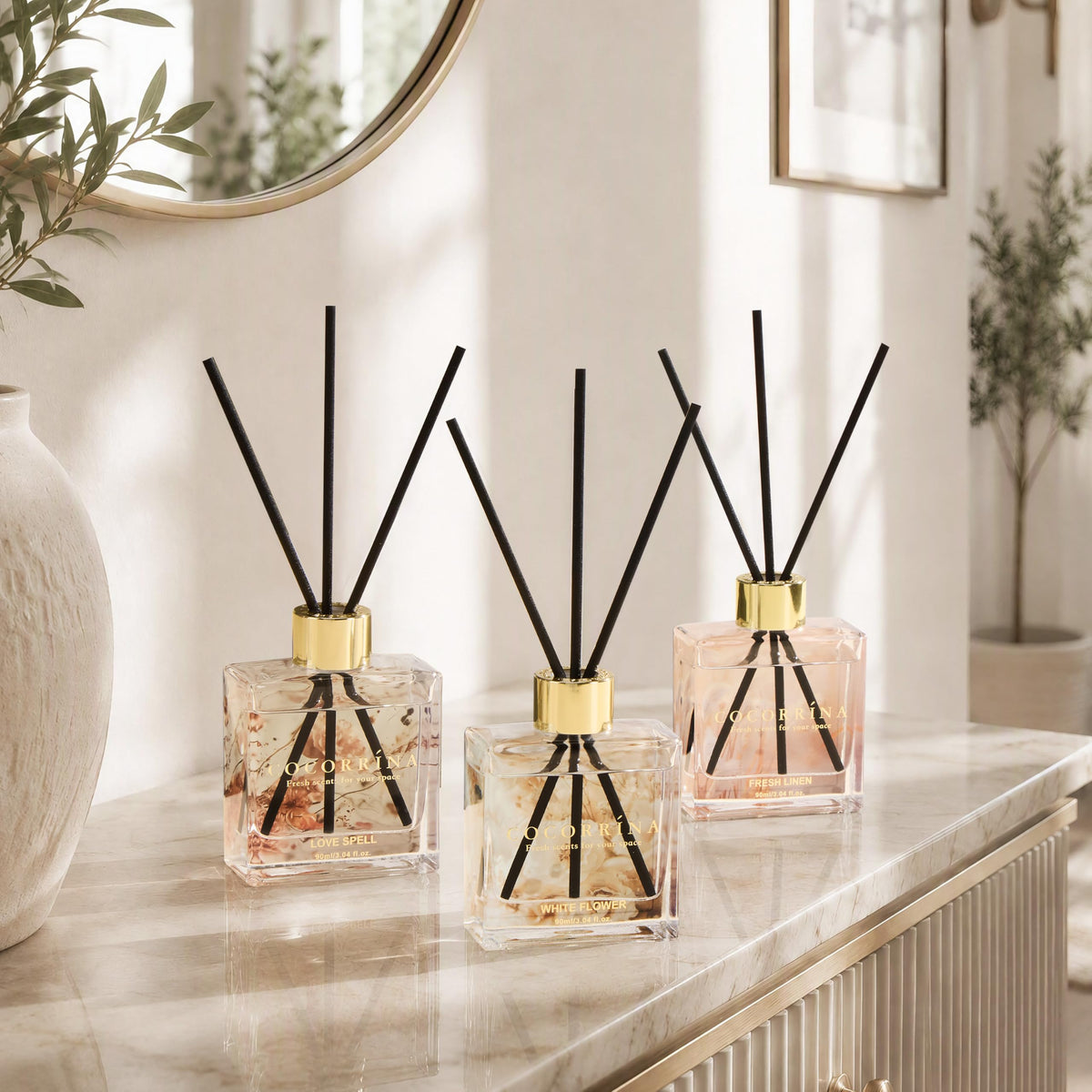 COCORRÍNA Reed Diffuser - 3 Pack/ 90ml with 24 Sticks Reed Diffuser for for House Bedroom Office Decor & Gifts Set (Cashmere Vanilla/Sandalwood Rose/Clean Linen)