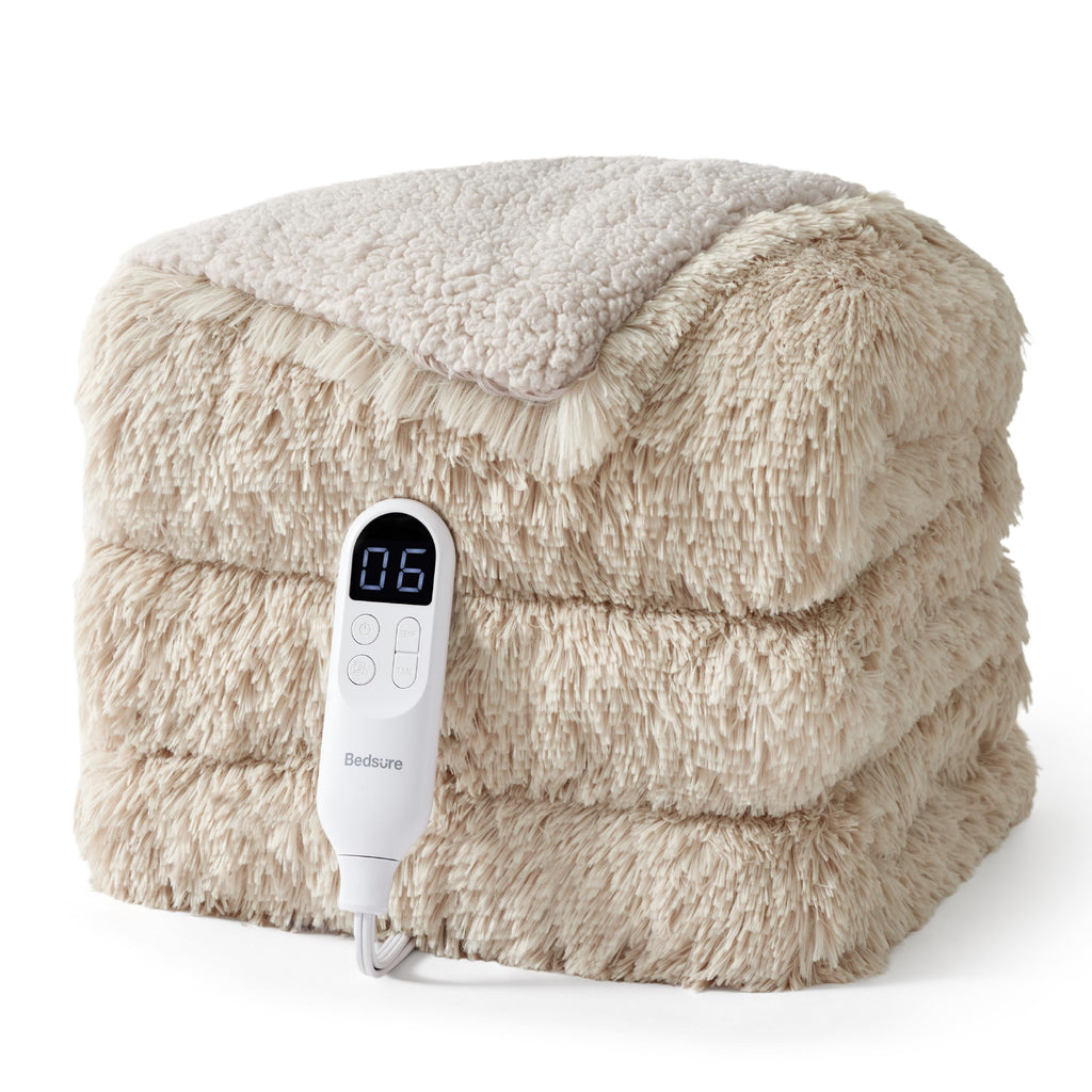 Bedsure Faux Fur Heated Blanket Twin Size, Tie-Dye Electric Blanket, Black