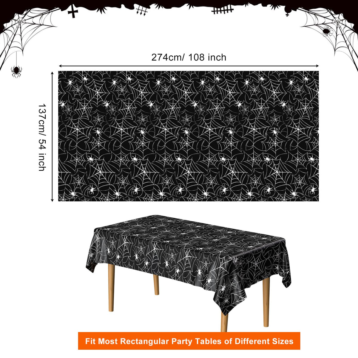 PLULON Halloween Tablecloth 137x 274cm Pumpkin Bat Skeleton Skull Plastic Table Cloth Happy Halloween Table Cover for Holiday Dinner Table Decorations Halloween Party Supplies