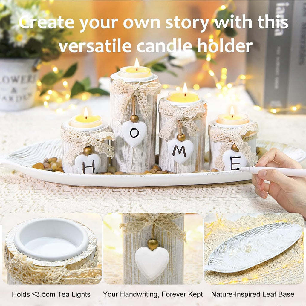 GoMaihe Candle Holder Set of 4 with Wodden Tray, Tealight Holders Candlestick Holder, Table Centerpiece Home Decor Living Room Bedroom Decoration Mum Gift Birthday Wedding Christmas Party Ornaments