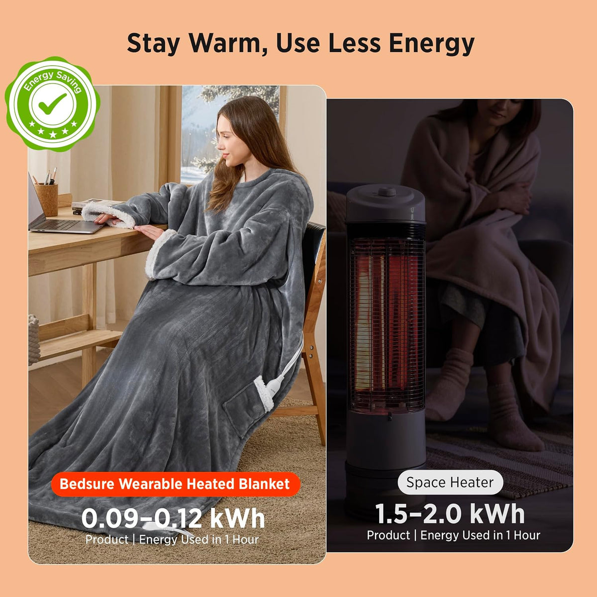 Bedsure Fleece Wearable Heated Blanket - Electric Throw, 127 x 180 cm, Grey