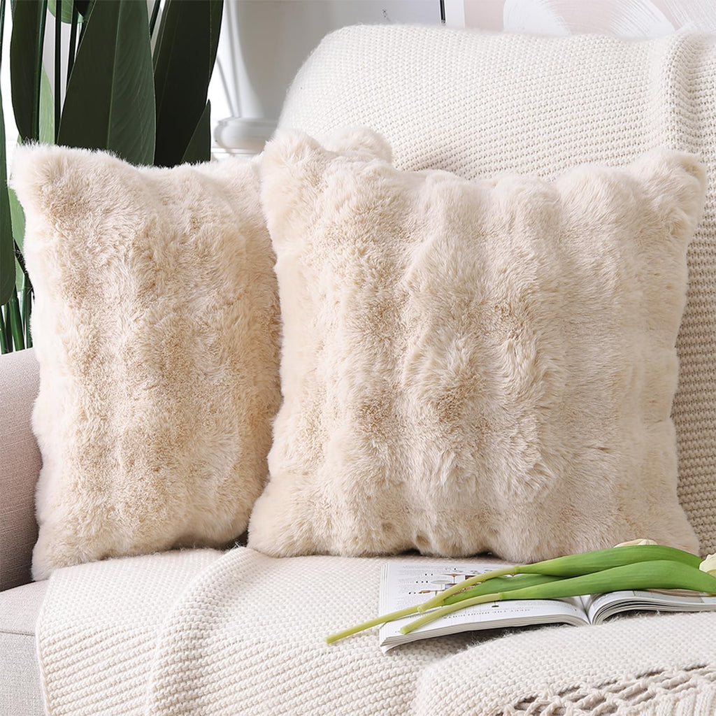 Madizz Pack of 2 Thick Plush Faux Wool Cushion Covers 45x45 cm Cream Soft Neutral Decorative Throw Pillow Covers Accent Boho Pillowcases for Couch Sofa Bedroom Pillow Shell