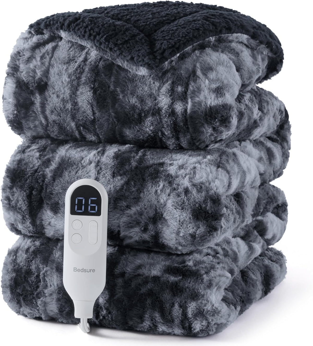 Bedsure Faux Fur Heated Blanket Twin Size, Tie-Dye Electric Blanket, Black