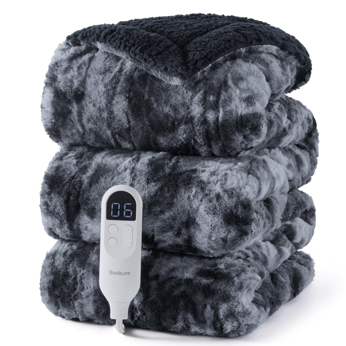 Bedsure Faux Fur Heated Blanket Twin Size, Tie-Dye Electric Blanket, Black