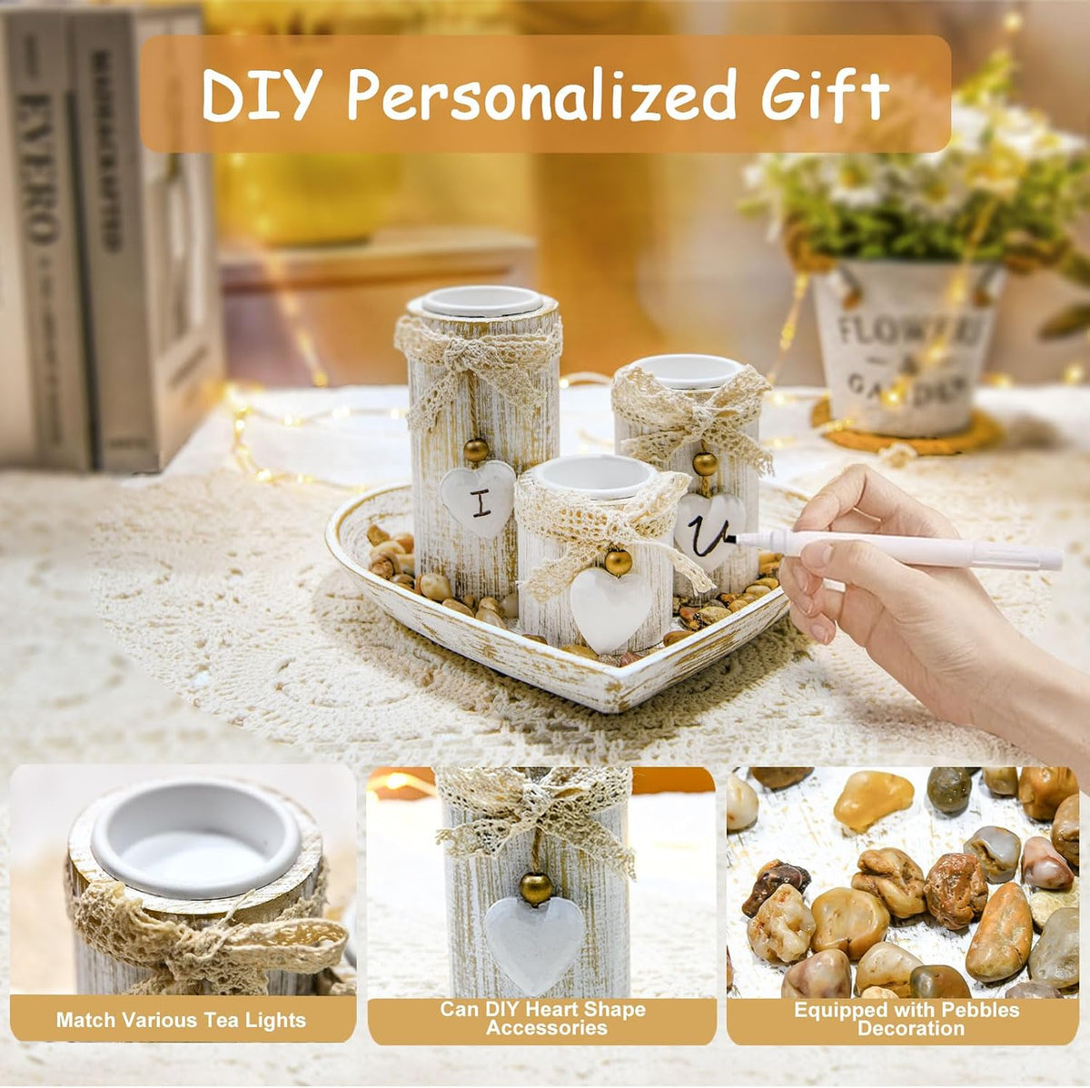 GoMaihe Candle Holder Set of 4 with Wodden Tray, Tealight Holders Candlestick Holder, Table Centerpiece Home Decor Living Room Bedroom Decoration Mum Gift Birthday Wedding Christmas Party Ornaments