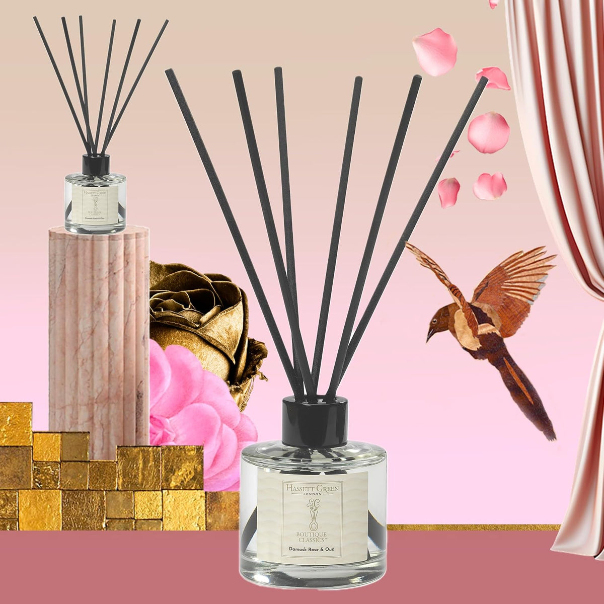 Hassett Green London Boutique Classics Damask Rose & Oud - Reed Diffuser Duo Set - 2 x 125ml - Reduced Packaging